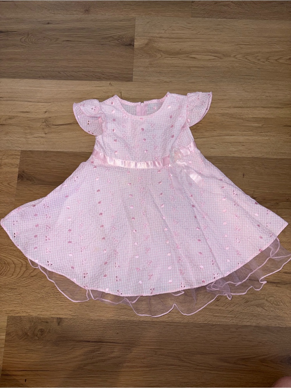 🧸 Bonnie Baby Pink Eyelet Baby Dress with Waist Ribbon 18 months